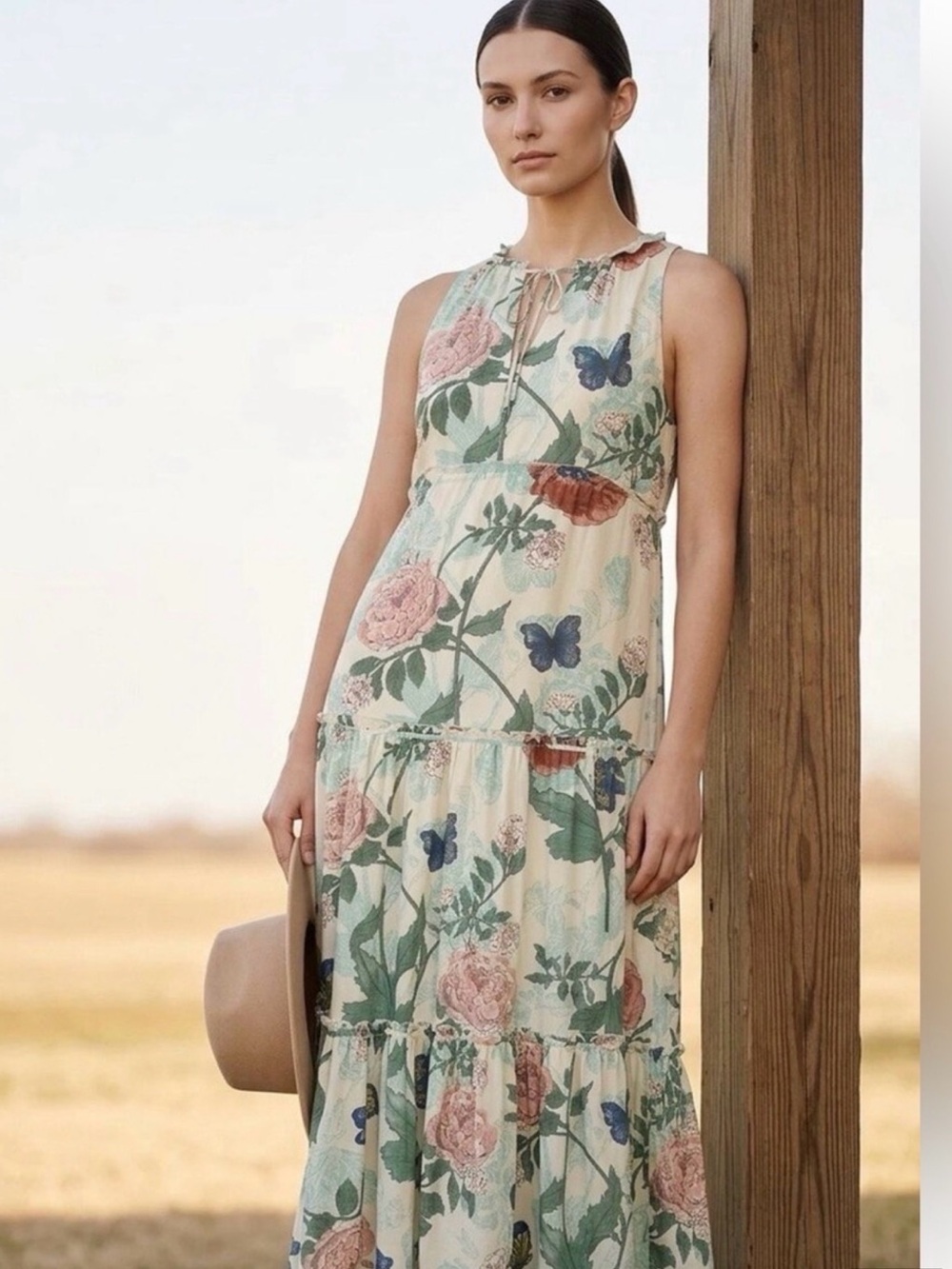 Maeve Anthropologie Floral Botanical Tiered Maxi Dress Size 0 Boho Sleeveless